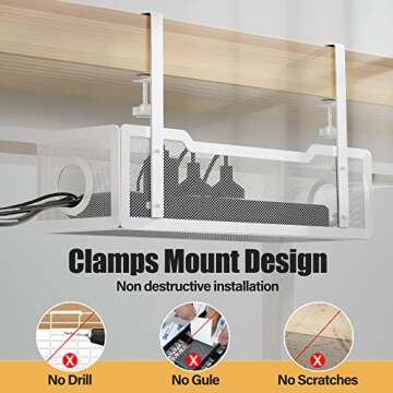 Under Desk Cable Management Tray White, Cinati Cable Management Under Desk No Drill, Cable Tray with Clamp for Desk Wire Management,Desk Cable Management Box for Office, Home - No Damage to Desk