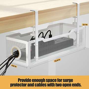 Under Desk Cable Management Tray White, Cinati Cable Management Under Desk No Drill, Cable Tray with Clamp for Desk Wire Management,Desk Cable Management Box for Office, Home - No Damage to Desk