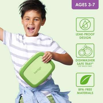 Bentgo Kids Bento-Style 5-Compartment Leak-Proof Lunch Box - Ideal Portion Sizes for Ages 3 to 7 - Durable, Drop-Proof, Dishwasher Safe, BPA-Free, & Made with Food-Safe Materials (Green)