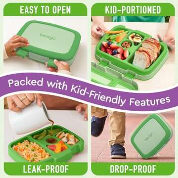 Bentgo Kids Bento-Style 5-Compartment Leak-Proof Lunch Box - Ideal Portion Sizes for Ages 3 to 7 - Durable, Drop-Proof, Dishwasher Safe, BPA-Free, & Made with Food-Safe Materials (Green)