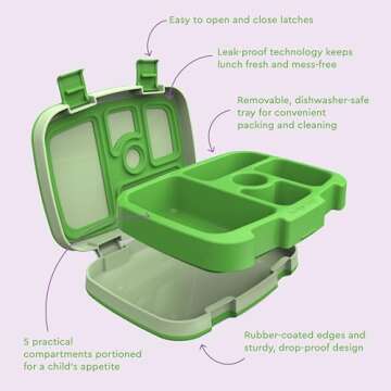 Bentgo Kids Bento-Style 5-Compartment Leak-Proof Lunch Box - Ideal Portion Sizes for Ages 3 to 7 - Durable, Drop-Proof, Dishwasher Safe, BPA-Free, & Made with Food-Safe Materials (Green)